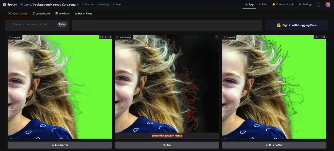 The background removal arena on Hugging Face: two cutouts side by side with vote buttons.